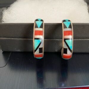 Navajo Sterling Silver Turquoise, Coral Inlay Hoop Earrings 1 1/4”